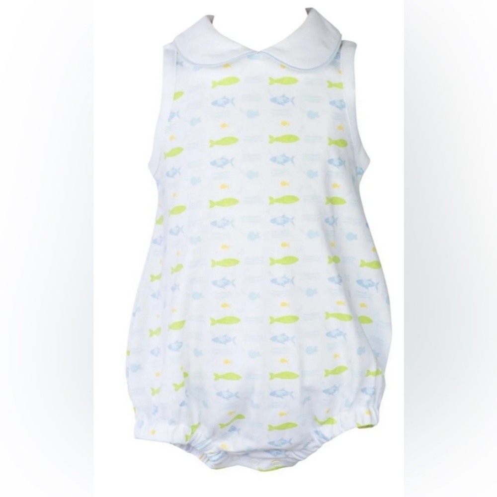 Proper Peony White Baby One-Piece with Blue and Lime Fish Print